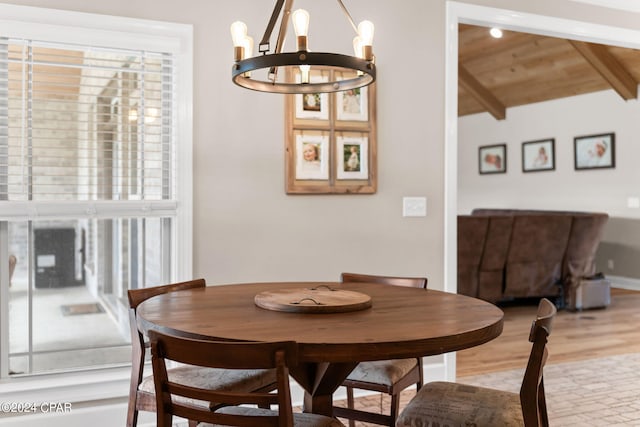 dining area featuring vaulted ceiling with beams, light hardwood / wood-style flooring, a chandelier, and wood ceiling