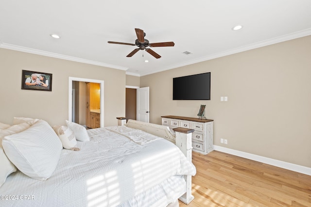 bedroom featuring light hardwood / wood-style flooring, ceiling fan, connected bathroom, and ornamental molding