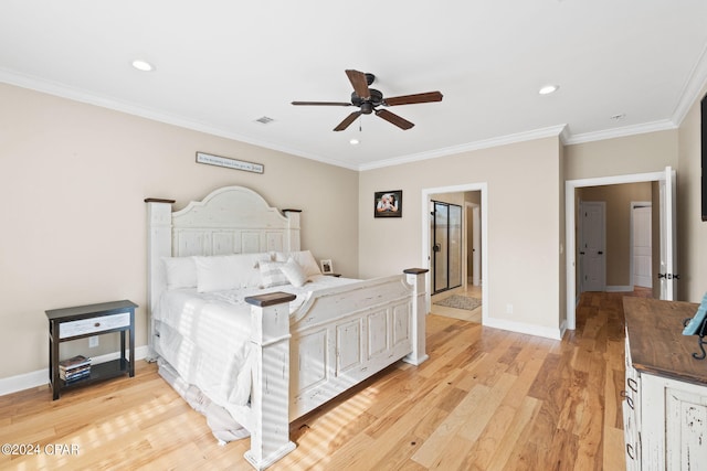 bedroom with ornamental molding, light hardwood / wood-style flooring, and ceiling fan