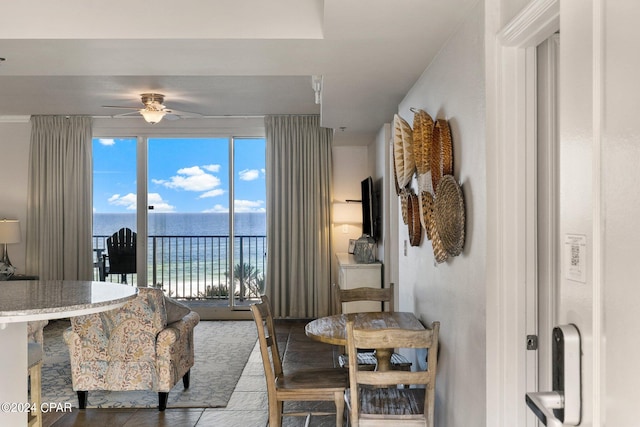 living room with a water view and ceiling fan