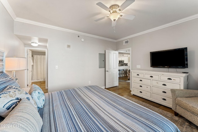 tiled bedroom with ceiling fan and crown molding