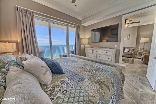 tiled bedroom featuring access to outside, ceiling fan, a textured ceiling, and a water view