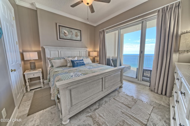 tiled bedroom featuring ceiling fan, a water view, crown molding, and access to outside