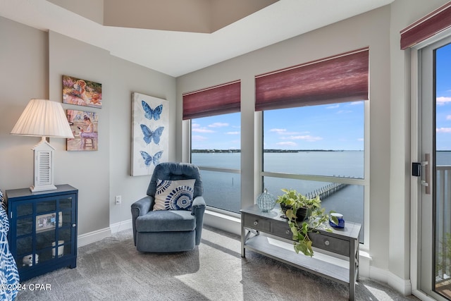 sitting room with carpet flooring and a water view