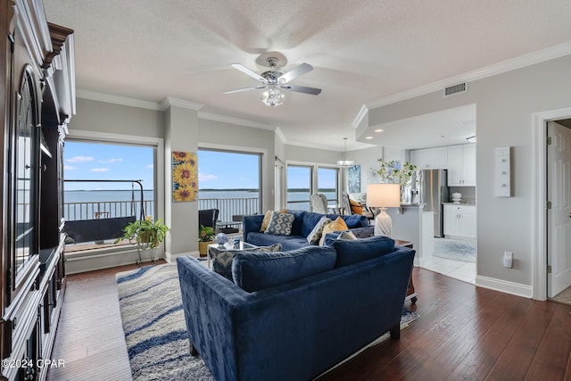 living room with ceiling fan, dark hardwood / wood-style flooring, a water view, and a healthy amount of sunlight