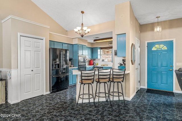 kitchen with black refrigerator with ice dispenser, dark tile floors, decorative light fixtures, and blue cabinets