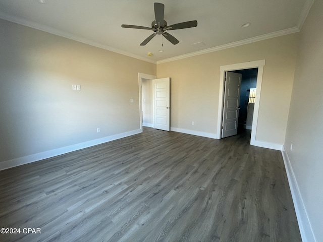 unfurnished bedroom with crown molding, ceiling fan, and dark hardwood / wood-style floors