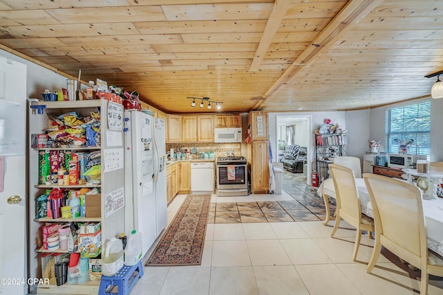 kitchen featuring white appliances, light brown cabinetry, light tile patterned floors, wood ceiling, and decorative backsplash