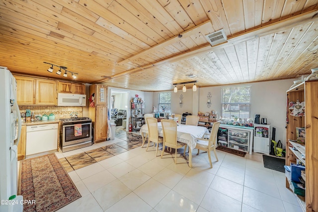 kitchen featuring track lighting, light tile patterned floors, white appliances, and wood ceiling