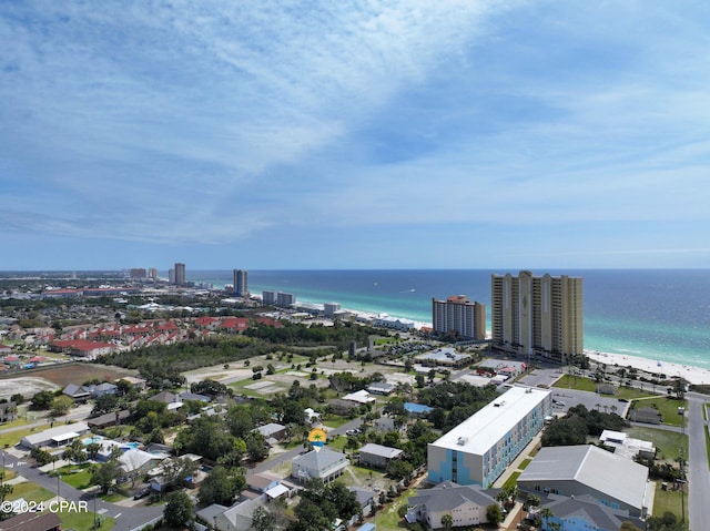 bird's eye view featuring a beach view and a water view