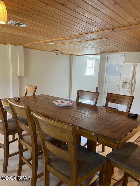 dining room featuring wood ceiling