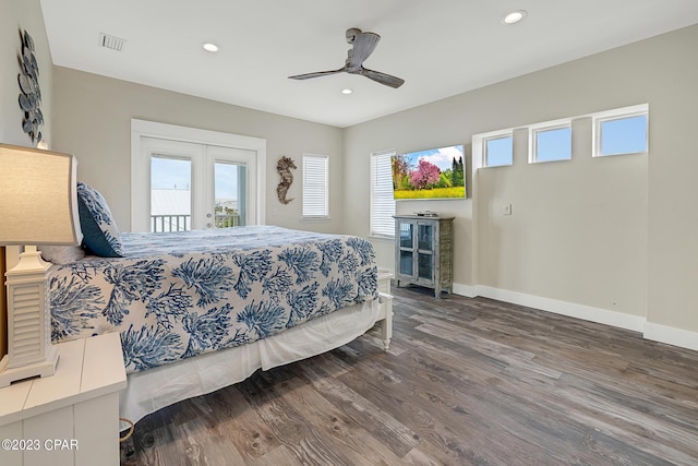 bedroom with hardwood / wood-style floors, access to exterior, ceiling fan, and french doors