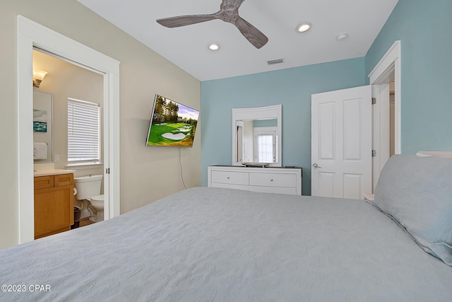 bedroom with connected bathroom and ceiling fan