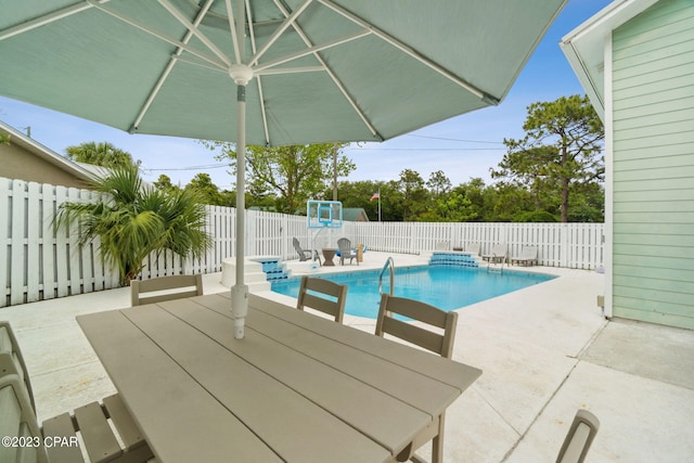 view of swimming pool featuring a patio area