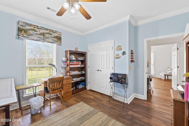 office area with crown molding, ceiling fan, and dark hardwood / wood-style flooring