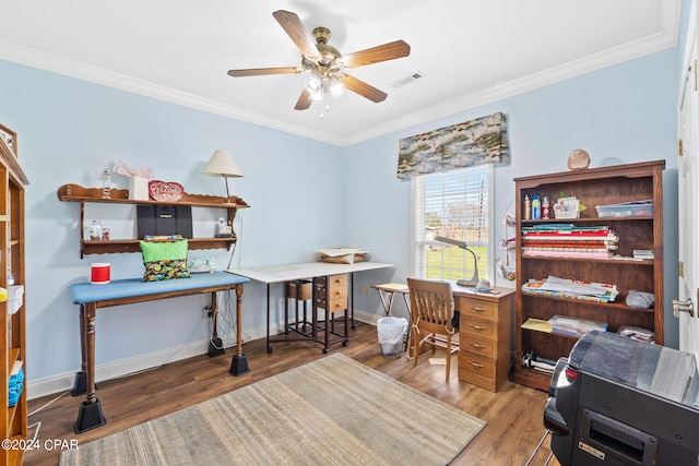 office area featuring ornamental molding, ceiling fan, and dark hardwood / wood-style floors