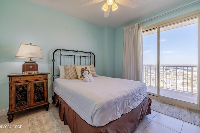 bedroom with light tile floors, ceiling fan, and access to outside