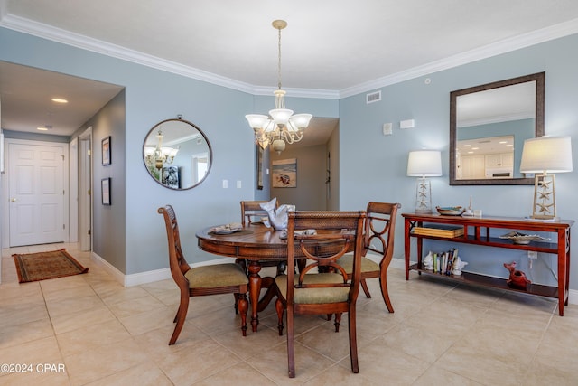 dining space featuring light tile floors, a notable chandelier, and crown molding