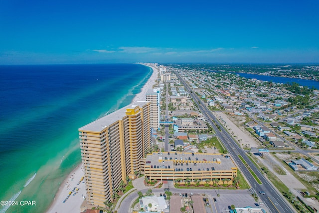 aerial view with a view of the beach and a water view