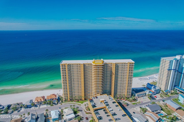 drone / aerial view with a water view and a beach view