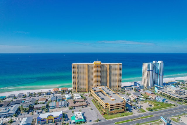 aerial view with a water view and a view of the beach