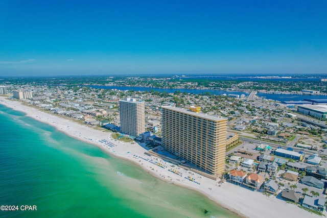 bird's eye view featuring a beach view and a water view