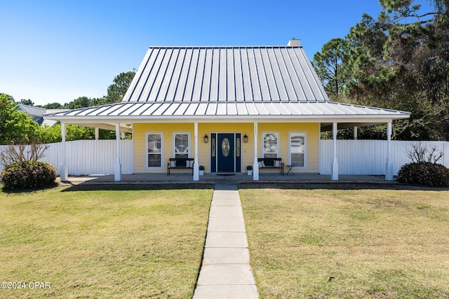 farmhouse with a porch and a front lawn