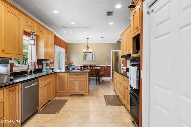 kitchen with a peninsula, a sink, black oven, dishwasher, and pendant lighting