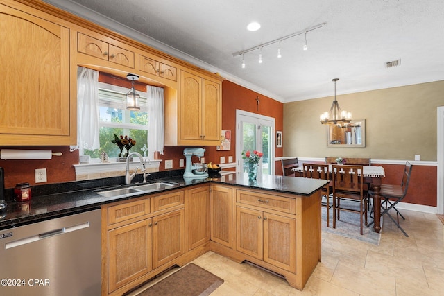 kitchen with visible vents, a peninsula, stainless steel dishwasher, pendant lighting, and a sink