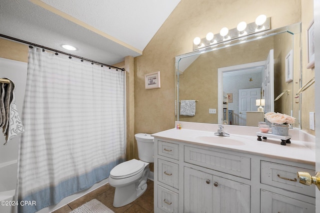 full bath with toilet, tile patterned floors, a textured ceiling, vanity, and shower / bath combination with curtain