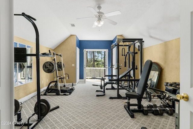 exercise room with lofted ceiling, a textured ceiling, visible vents, baseboards, and carpet