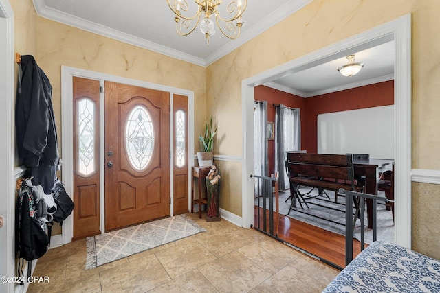 entryway featuring light tile patterned floors, a notable chandelier, baseboards, and crown molding