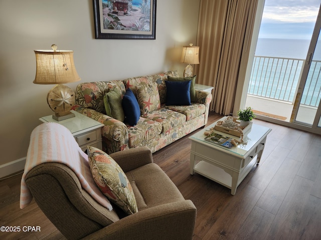 living room with a water view and dark wood-type flooring