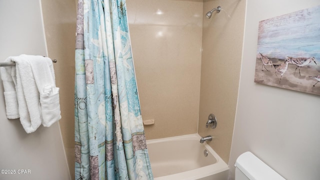 full bath with shower / bathtub combination with curtain and toilet