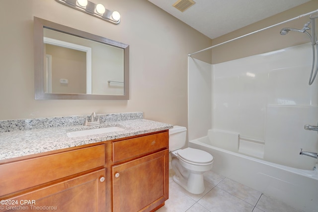 full bathroom featuring toilet, vanity, tub / shower combination, and tile flooring