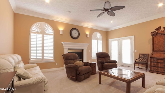 living room featuring light colored carpet, a textured ceiling, french doors, and crown molding