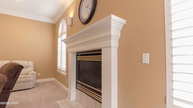 living room with crown molding and light colored carpet