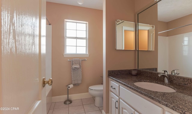 bathroom featuring toilet, tile flooring, and vanity