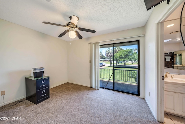 empty room with ceiling fan, light colored carpet, a textured ceiling, and sink