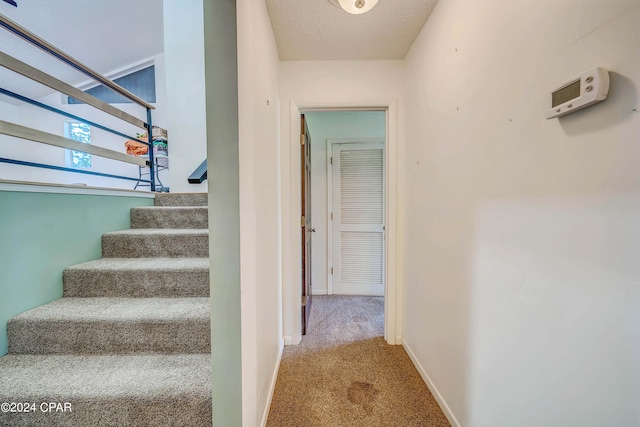 stairs with carpet floors and a textured ceiling