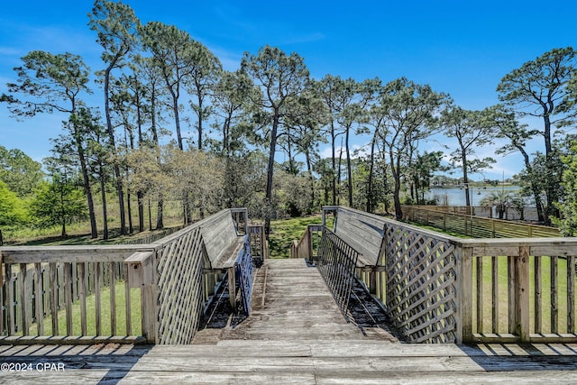 view of community featuring a deck with water view