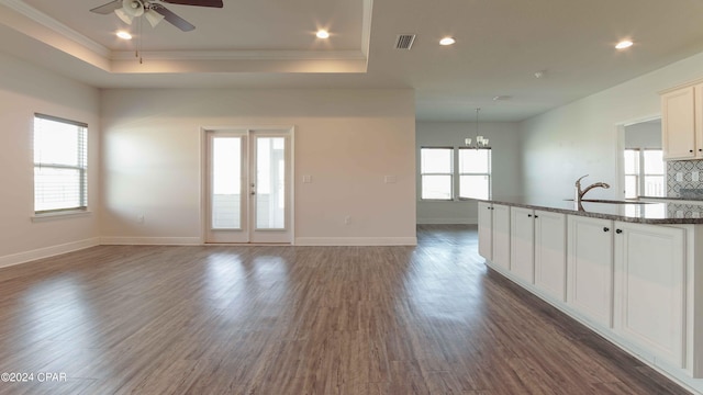 unfurnished living room with sink, dark wood-type flooring, a raised ceiling, and a healthy amount of sunlight