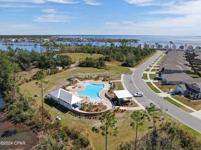 aerial view featuring a water view