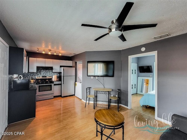 kitchen with ceiling fan, stainless steel appliances, tasteful backsplash, light hardwood / wood-style flooring, and a textured ceiling