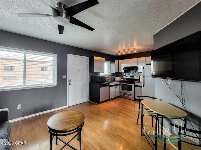 kitchen with ceiling fan, rail lighting, backsplash, appliances with stainless steel finishes, and light wood-type flooring