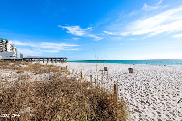 property view of water featuring a beach view