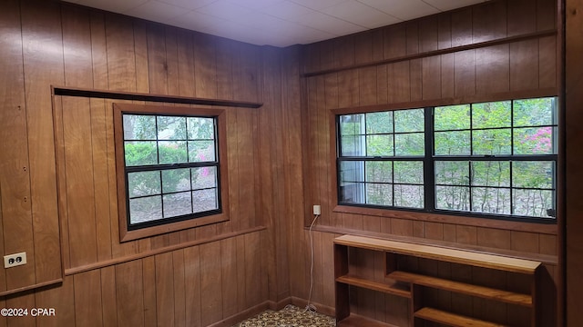 doorway to outside with wood walls