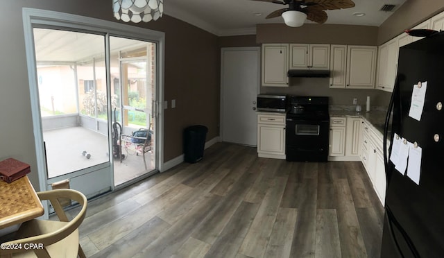 kitchen with range, dark wood-type flooring, ceiling fan, white cabinets, and black fridge