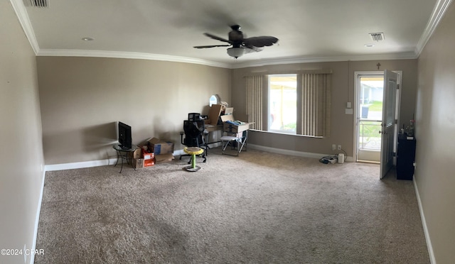 living area with carpet flooring, ceiling fan, and ornamental molding