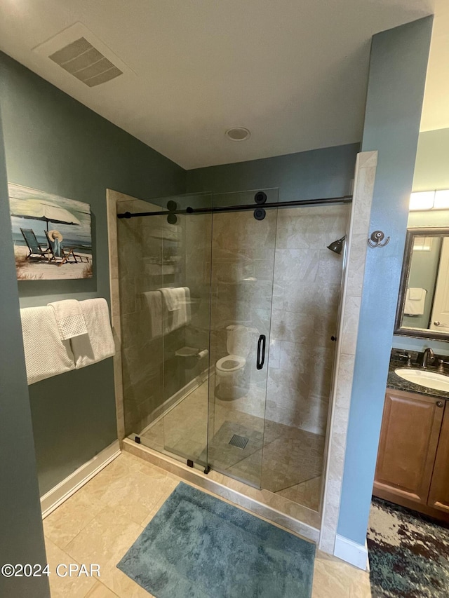 full bathroom featuring a stall shower, vanity, and visible vents